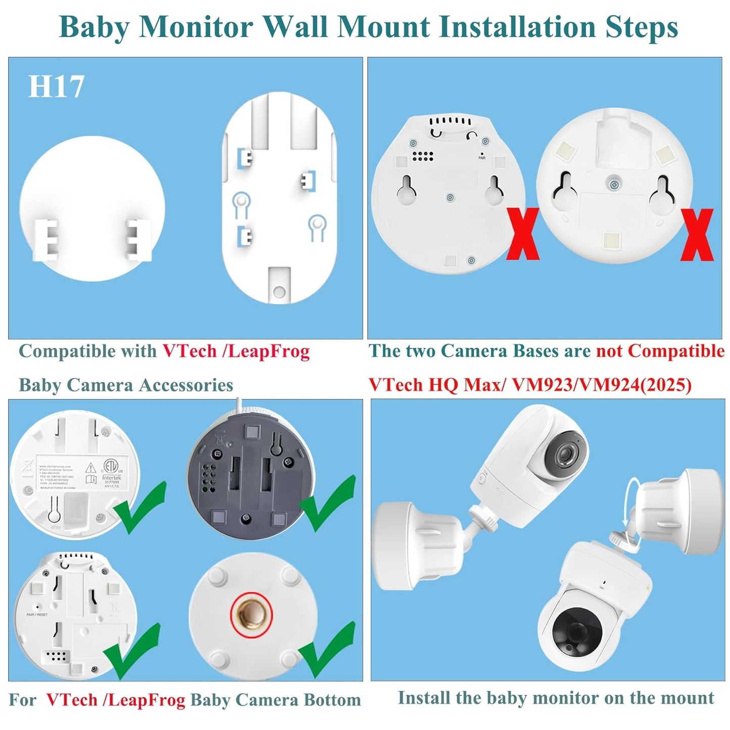 Adjustable Baby Monitor Wall Mount Stand Holder Compatible with VTech VM924/ 901/928HD/5263/5755 /5764HD /7764HD/5766/5263/BM5254/ Leapfrog LF920HD/RM7768HD/LF815HD/LF1726FHD /LF2413 Camera