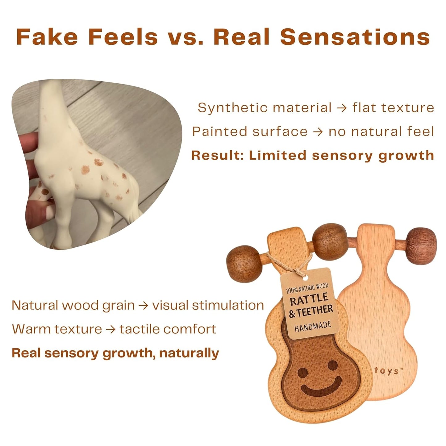 HippoToys Baby Teether – USA’s First Real Natural Wooden Teething Toys for Babies 0–18 Months – Calm Wooden Rattle – No Paint No Plastic No Toxins - Safe Baby Gift