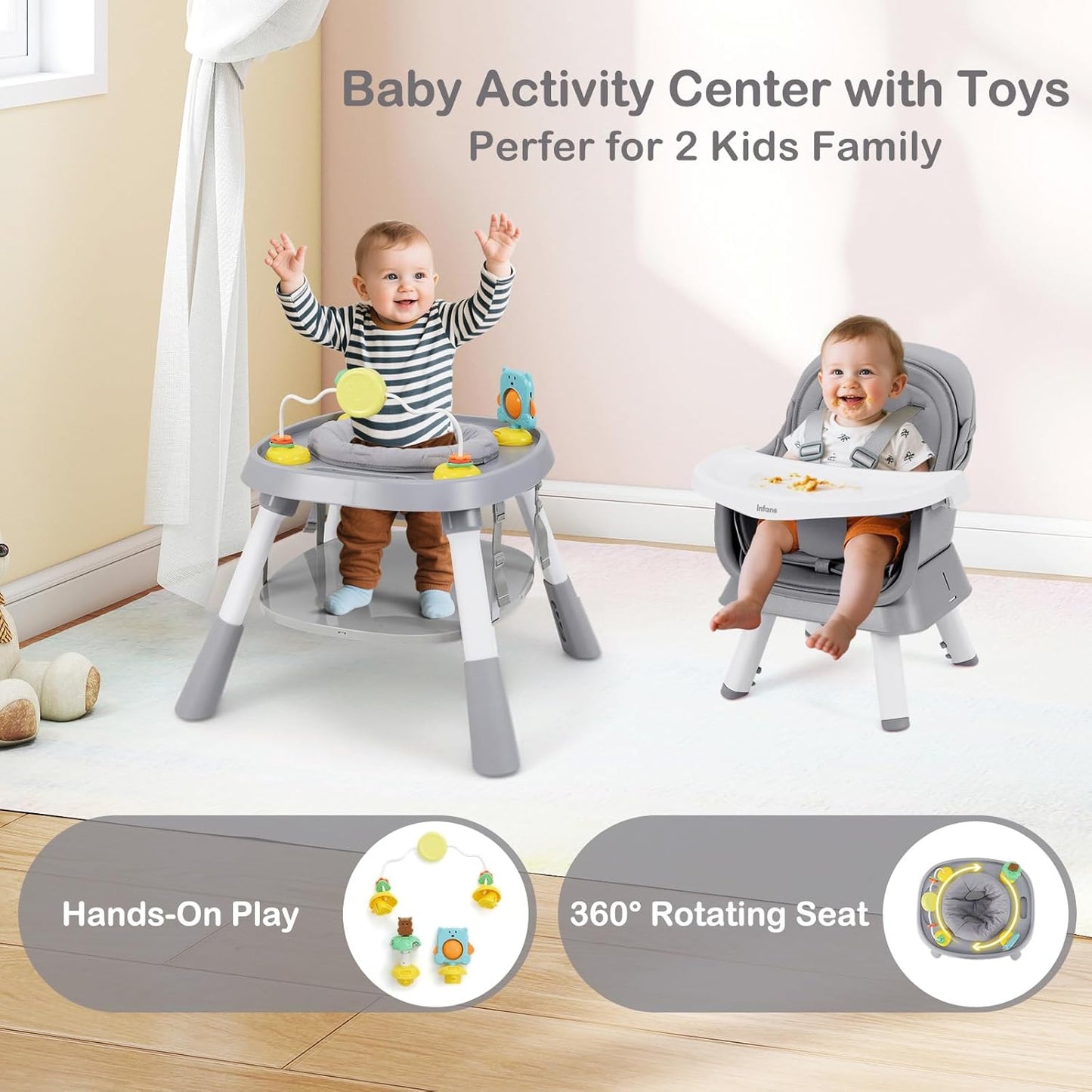 INFANS 9 in 1 High Chair, Convertible Baby Highchair for Babies and Toddlers, Table and Chair Set Building Block Infant Dining Booster Seat, Kids Stool with Activity Children Play Kitchen (Grey)