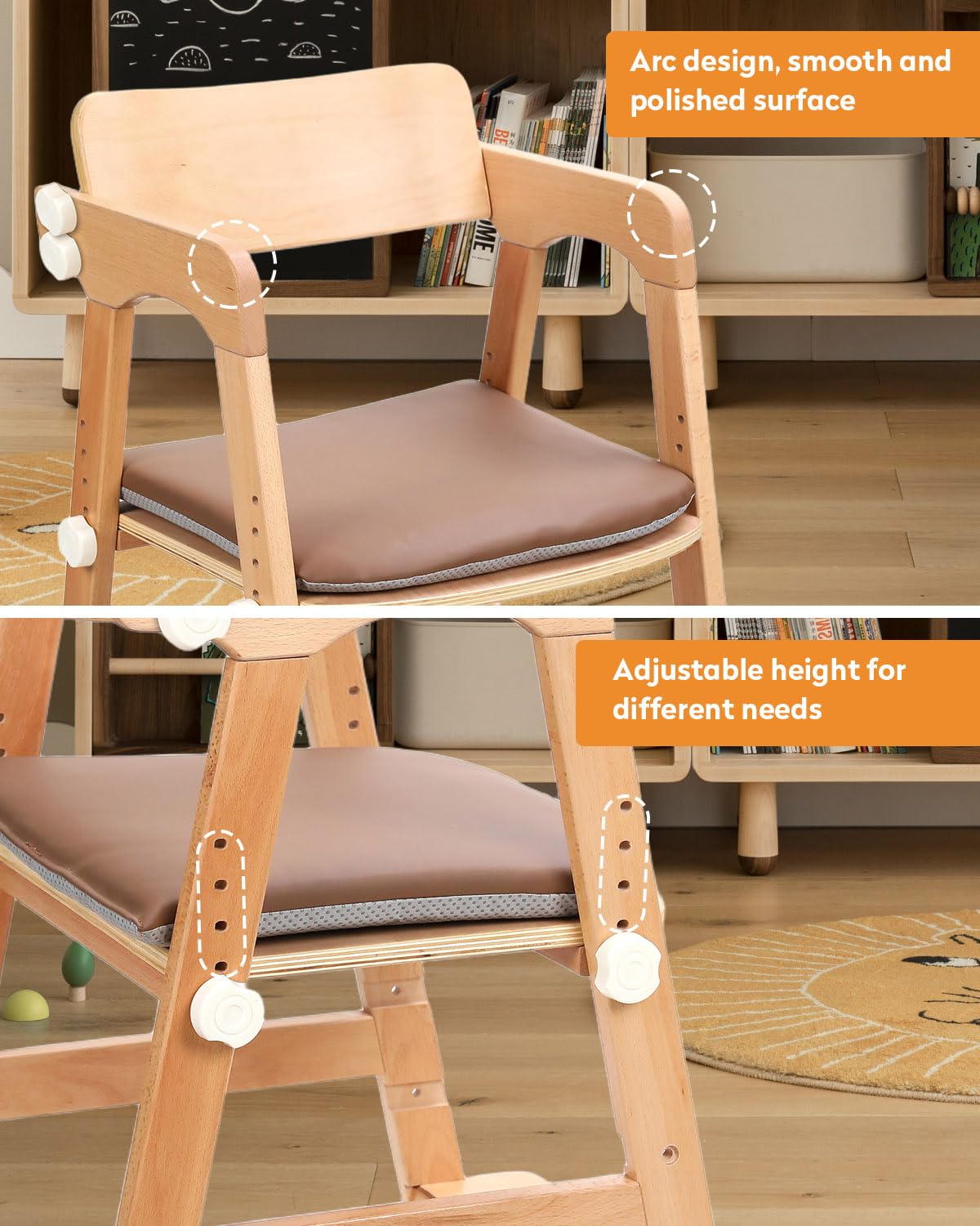 Wooden High Chair for Toddlers, Children Highchairs with Adjustable Cushion and Steps, Kids Wood High Chair for Dining Eating and Studying, from 3 Years up to 300 Lbs