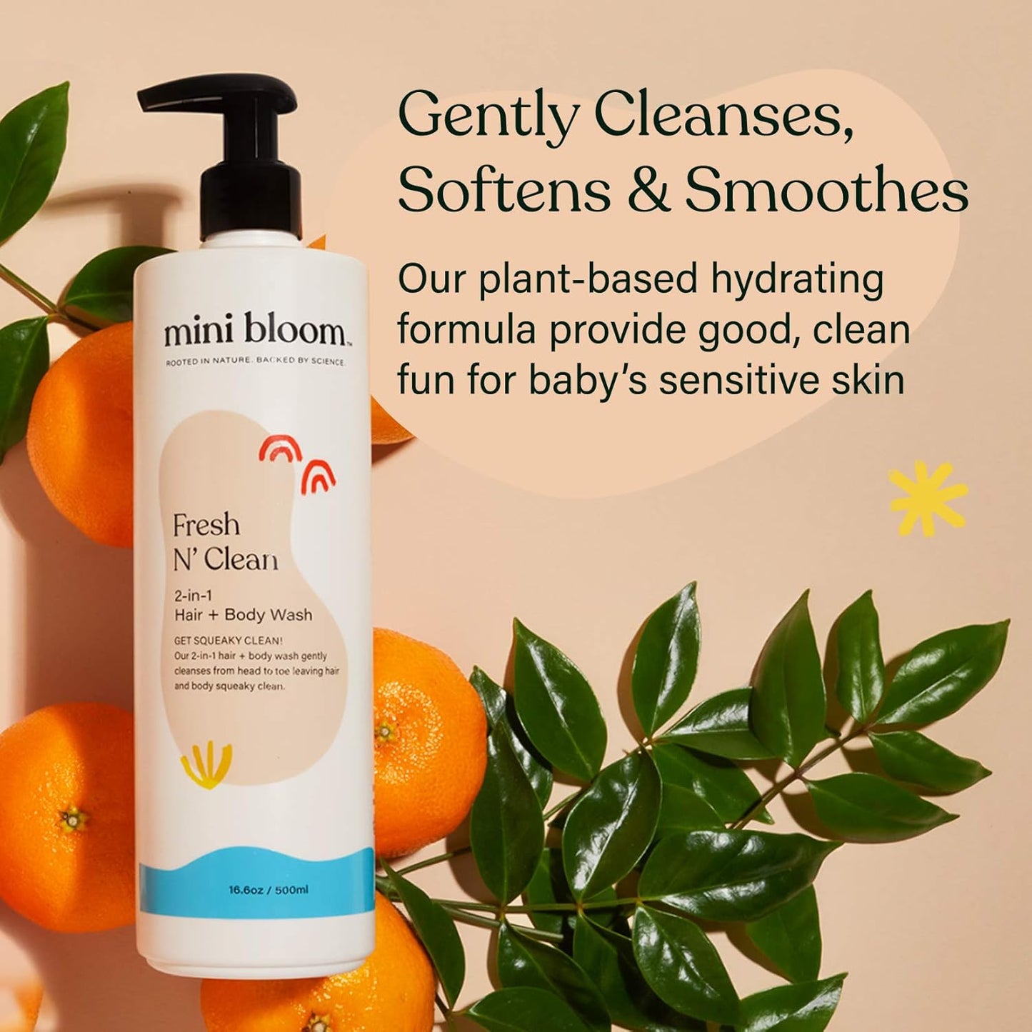 Mini Bloom Fresh N’ Clean 2-in-1 Hair + Body Wash | Shampoo Sulfate-Free | Baby & Kid Safe | Gently Cleanses Head to Toe w/Aloe leaf, Chamomile extract, Lavender & Botanicals 16.6 oz