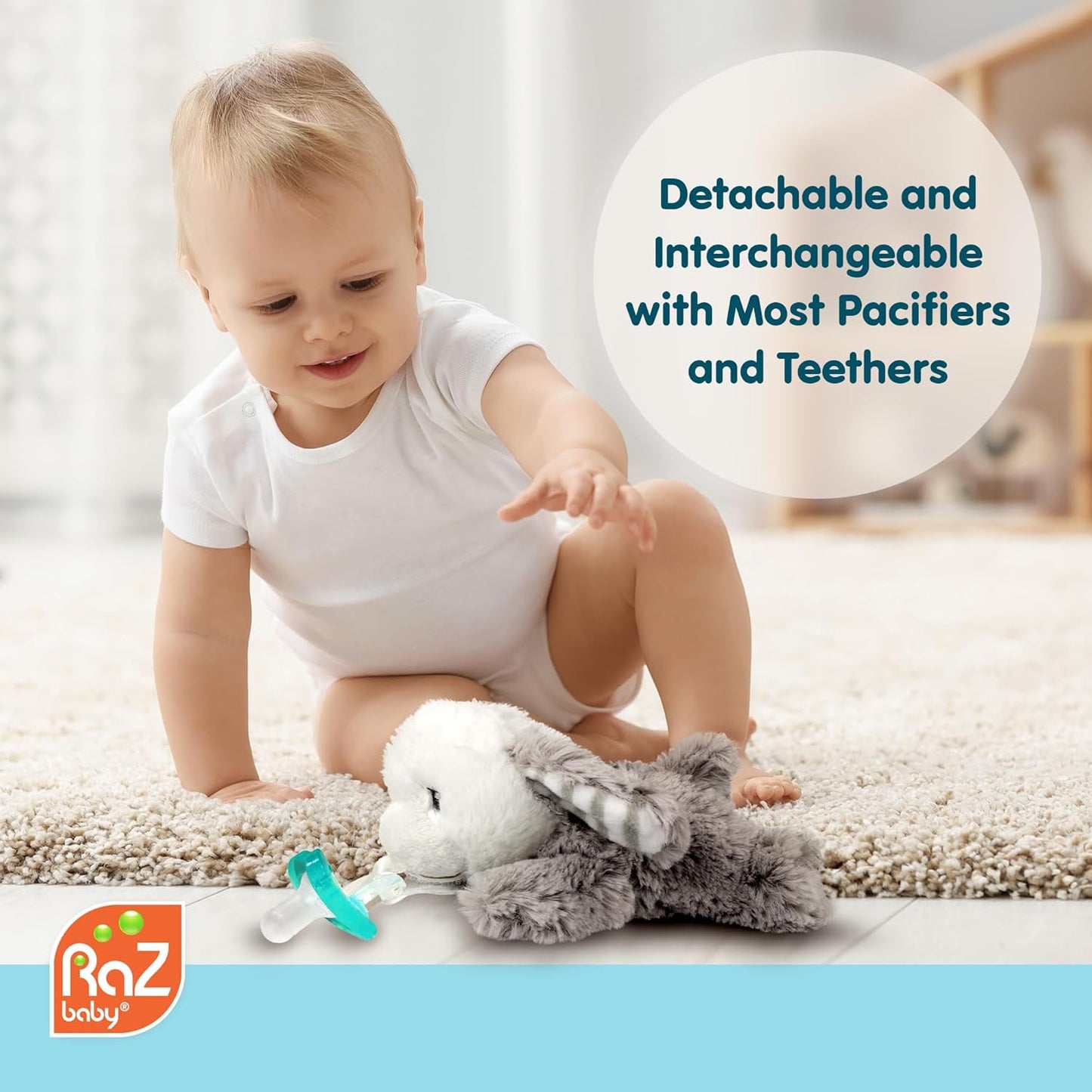 RaZbaby JollyPop Pacifier, Holder w/Detachable Baby Pacifier, Stuffed Animal RaZbuddy, All Ages 0M+, 100% Medical Grade USA Made Silicone, Machine Washable, Textured & Easy to Hold – Puppy