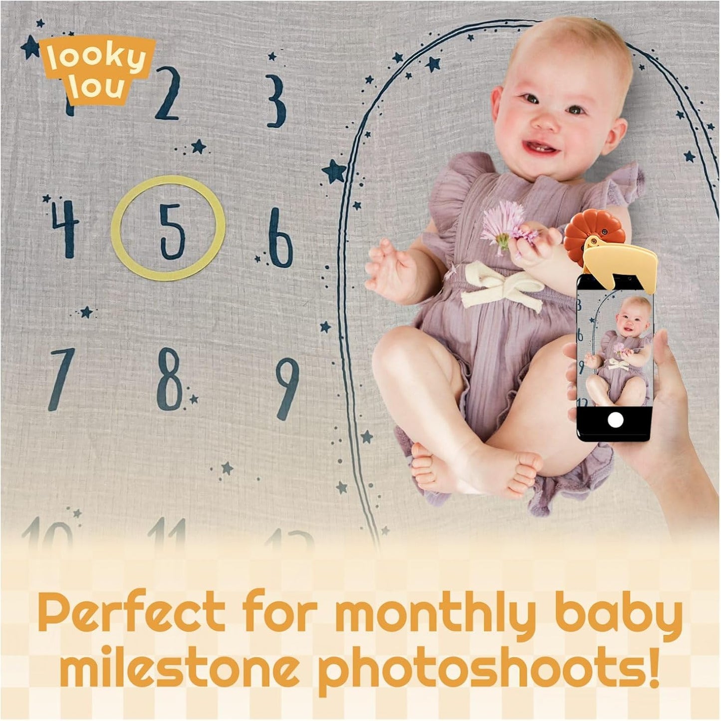 Looky Lou - Lion Rattle Phone Clip for Baby Pictures, Newborn Photography, Monthly Milestones, Photoshoot Props & First Birthdays - New Parent Gifts, Grandparent, Registry, Babies First Christmas