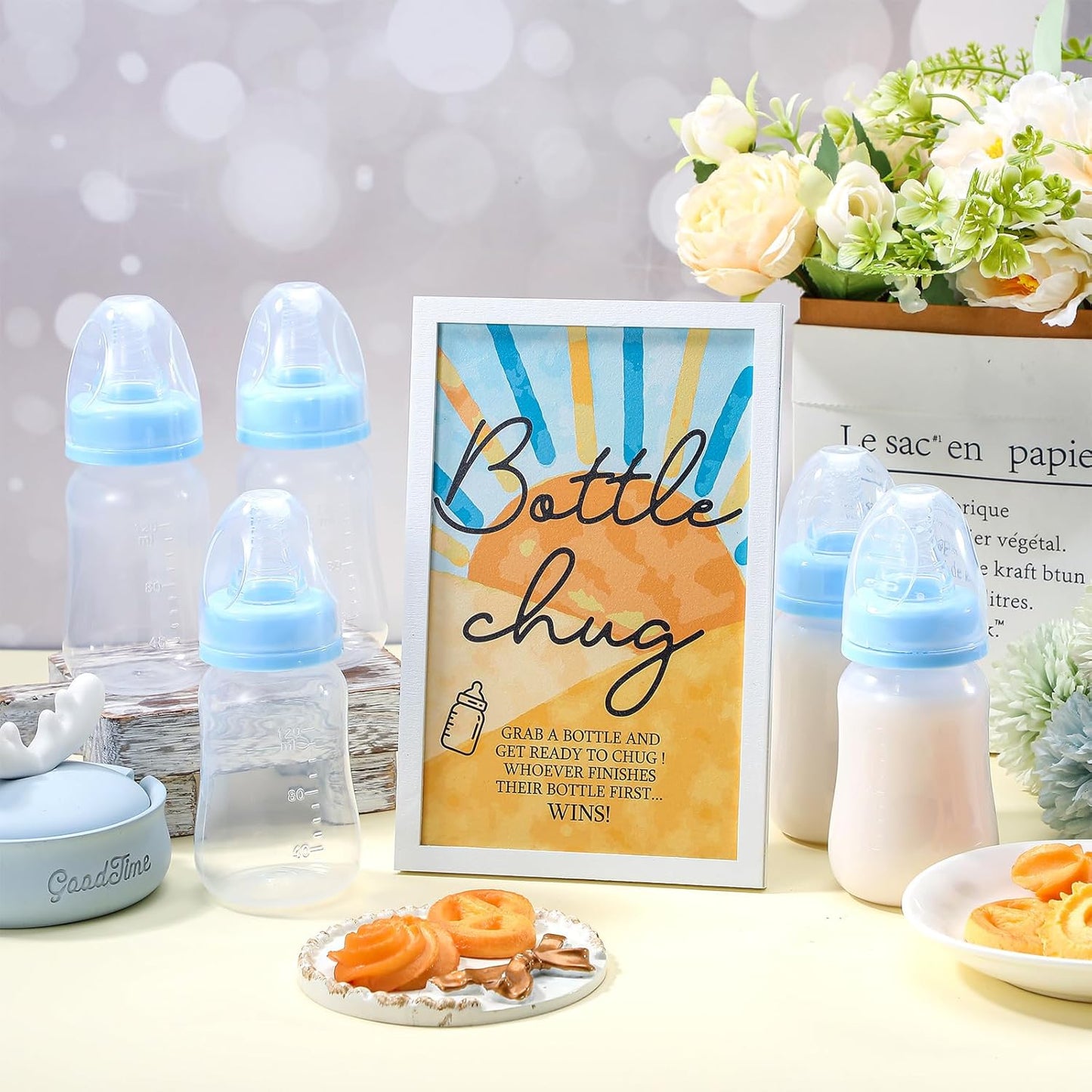 Roowest Bottle Chug Baby Shower Game Favors Including 18 Pcs Feeding Bottles with 1 Sun Theme Bottle Chug Wooden Sign for Gender Reveal Baby Shower Party Supplies