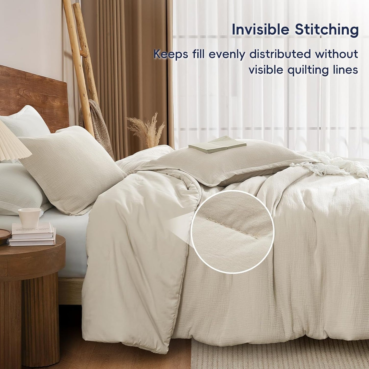 PHF Cotton Muslin Comforter Set Queen Size – Ultra Soft, Breathable & Lightweight Bedding Set for All Seasons, 3 Pieces - 1 Comfy Comforter 90"x90", 2 Pillow Shams 20"x26", Natural
