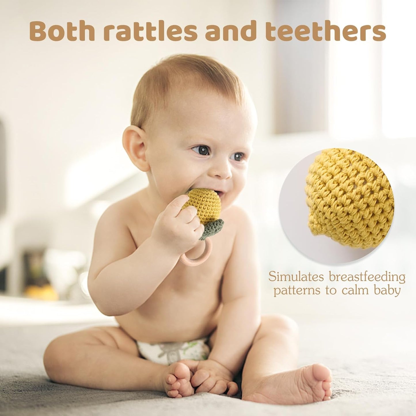 WOODEN TEETHER Crochet Baby Rattle, Crochet Baby Toys, Organic Wooden Newborn Toys, Newborn Animal Rattle Toys，Knitted Stuffed Animals Gifts for Baby, Lemon