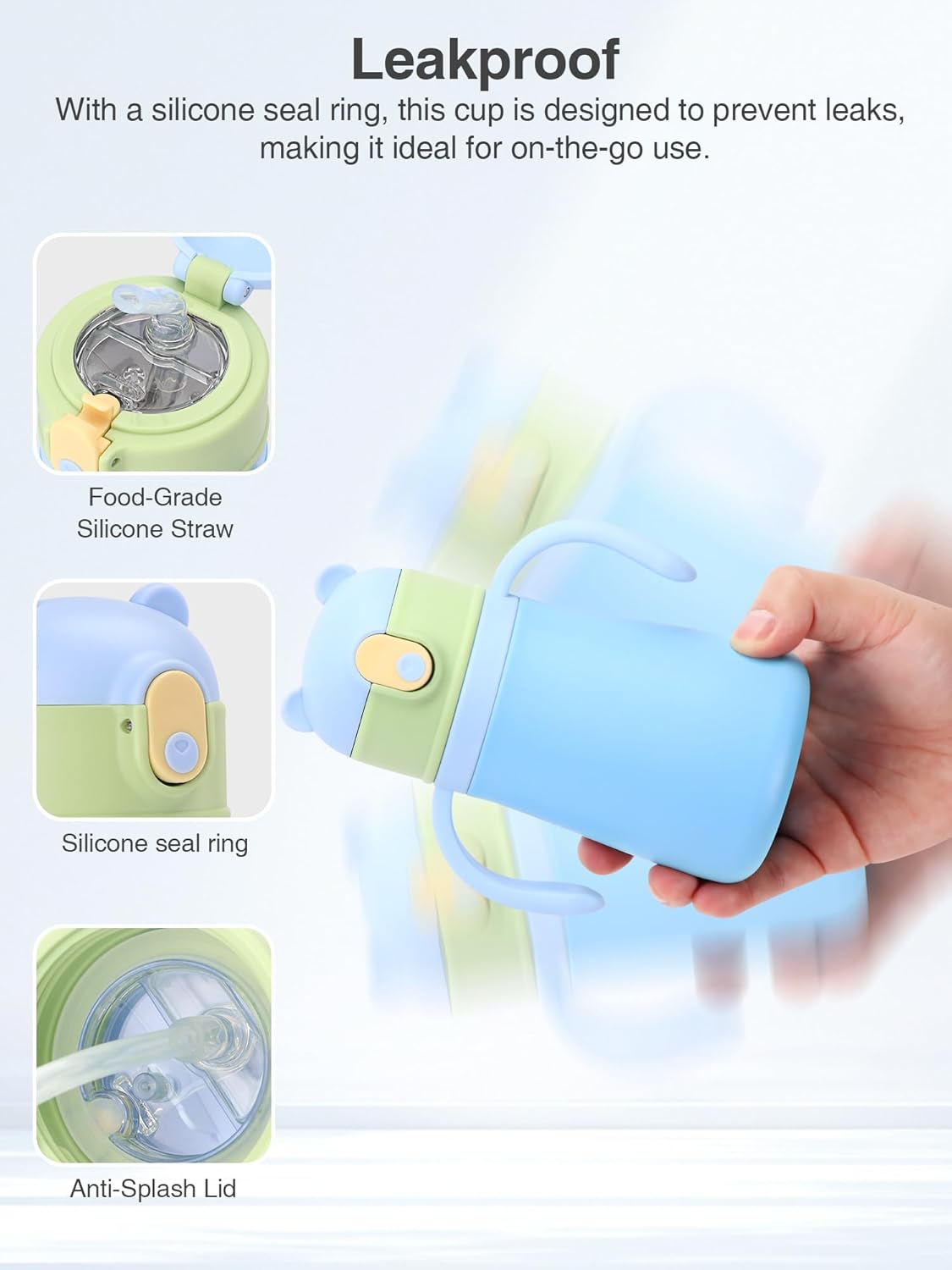 12oz Kids Insulated Water Bottle Double-Wall Vacuum Kids Water Bottle with Hygiene Silicone Straw Blowout-Proof Lid Insulated No BPA Durable Stainless Steel
