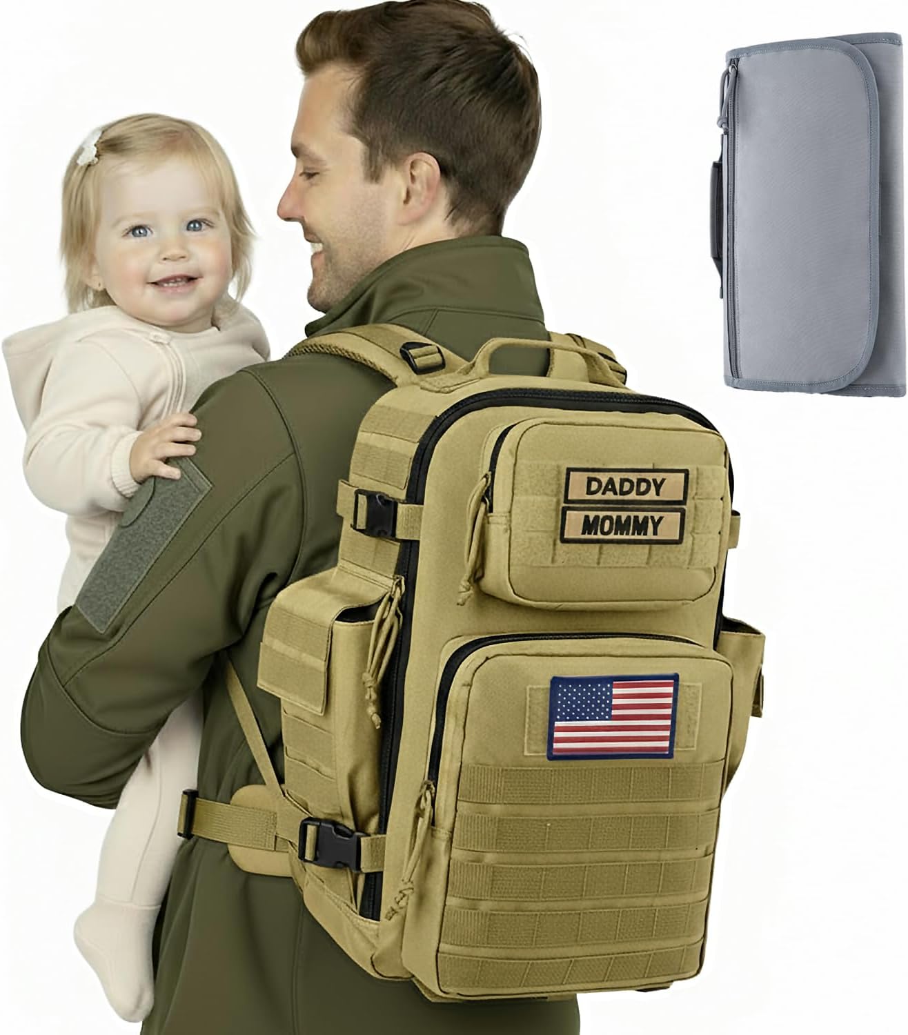 SHARKMOUTH Military Diaper Bag for Baby - Large Baby Backpack with Changing Pad for Boy Girl - Army Dad Diaper Bag for Hiking Travel Camping Trips Tan