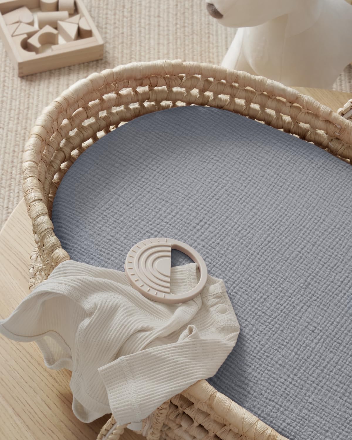 Blissful Diary Muslin Bassinet Sheets for Baby Girls Boys, Boho Soft Cotton Fitted for Oval Hourglass Rectangle Mattress, 2 Pack(Light Blue&Grey)