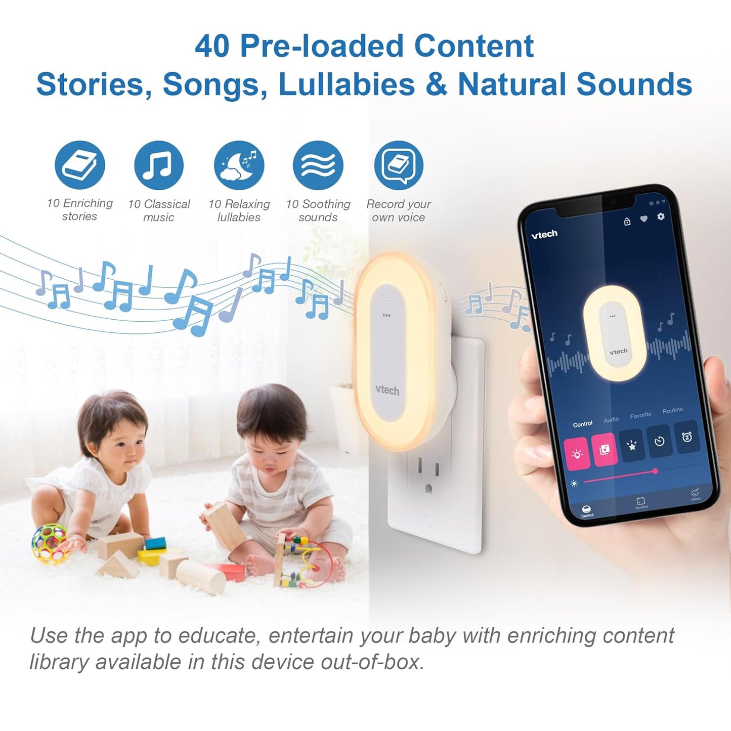 VTech BC8113 V-Hush Plug Sleep Training Soother with 40 Stories/Songs/Sounds & Record Your own Voice. Bluetooth Speaker, 250+ Multi-Color Night Light, No Batteries & No Cords Required