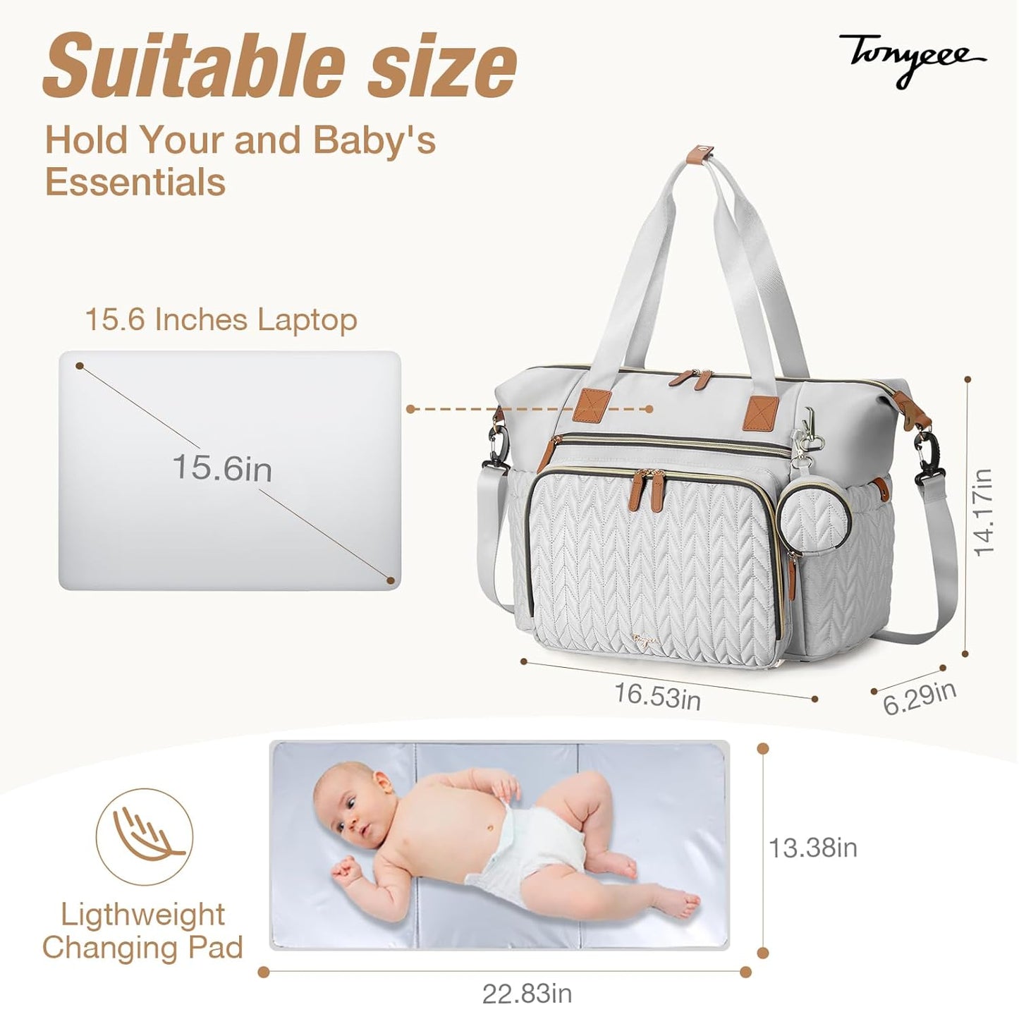 Diaper Bag Tote, Large Diaper Bags Waterproof, Hospital Bag for Labor Delivery, Baby Bag with Pacifier Case, Travel Diaper Tote with Changing Pad, Grey