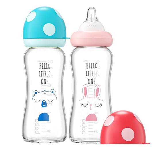 YOHKOH Natural Glass Baby Bottle with Natural Response Nipple, Newborn Anti-Colic Baby Bottles, Wide Neck Mushroom Cap Baby Bottle, Clear (8.8ounce (Pack of 2), Multicolour1)