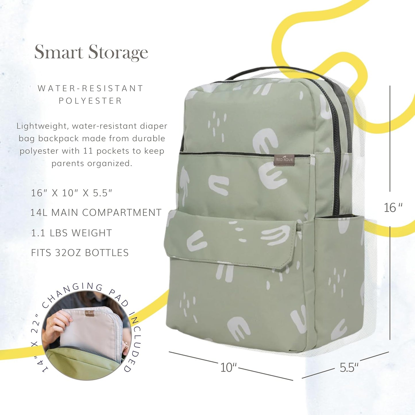 RED ROVR Roo Lightweight 1 LB Diaper Bag Backpack | 11 organizational pockets| Durable & Water-Resistant (Pear Doodle)