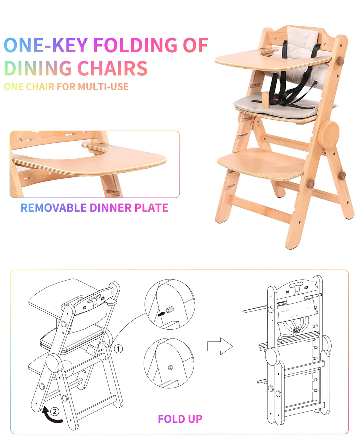Toddler High Chair Wooden, Baby Highchair with Adjustable Tray and Foot Rest, Folding Wood High Chair for Dining, 6 Months up to 300 Lb