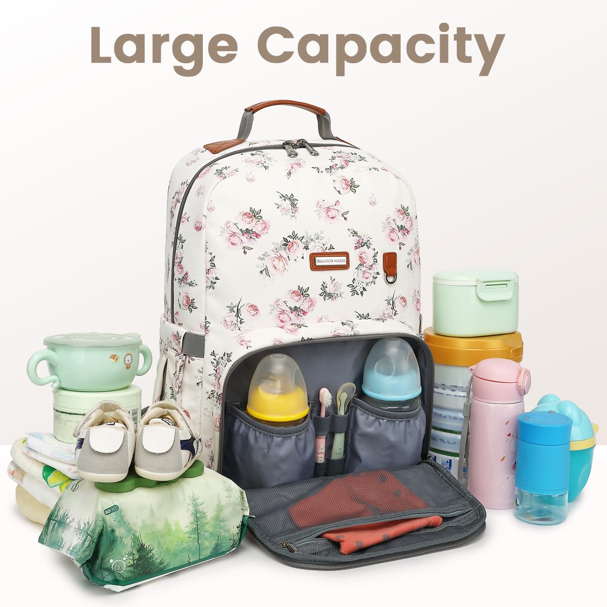 Diaper Bag Backpack, Large Baby Nappy Bags with Portable Changing Pad for Boys and GirlsMultifunction Travel Baby Bag for Moms Dads, Shower Gifts Waterproof and Stylish，Flower Beige