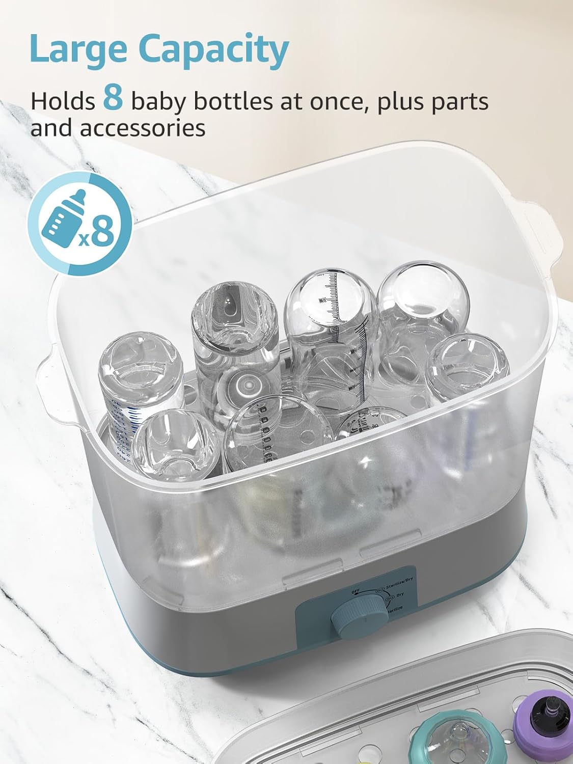 GROWNSY Adjustable 3 in 1 Large Bottle Sterilizer and Dryer, Electric Steam Baby Bottle Sterilizer, Bottle Sanitizer for Baby Bottles & Pacifiers, Breast Pump Parts Blue
