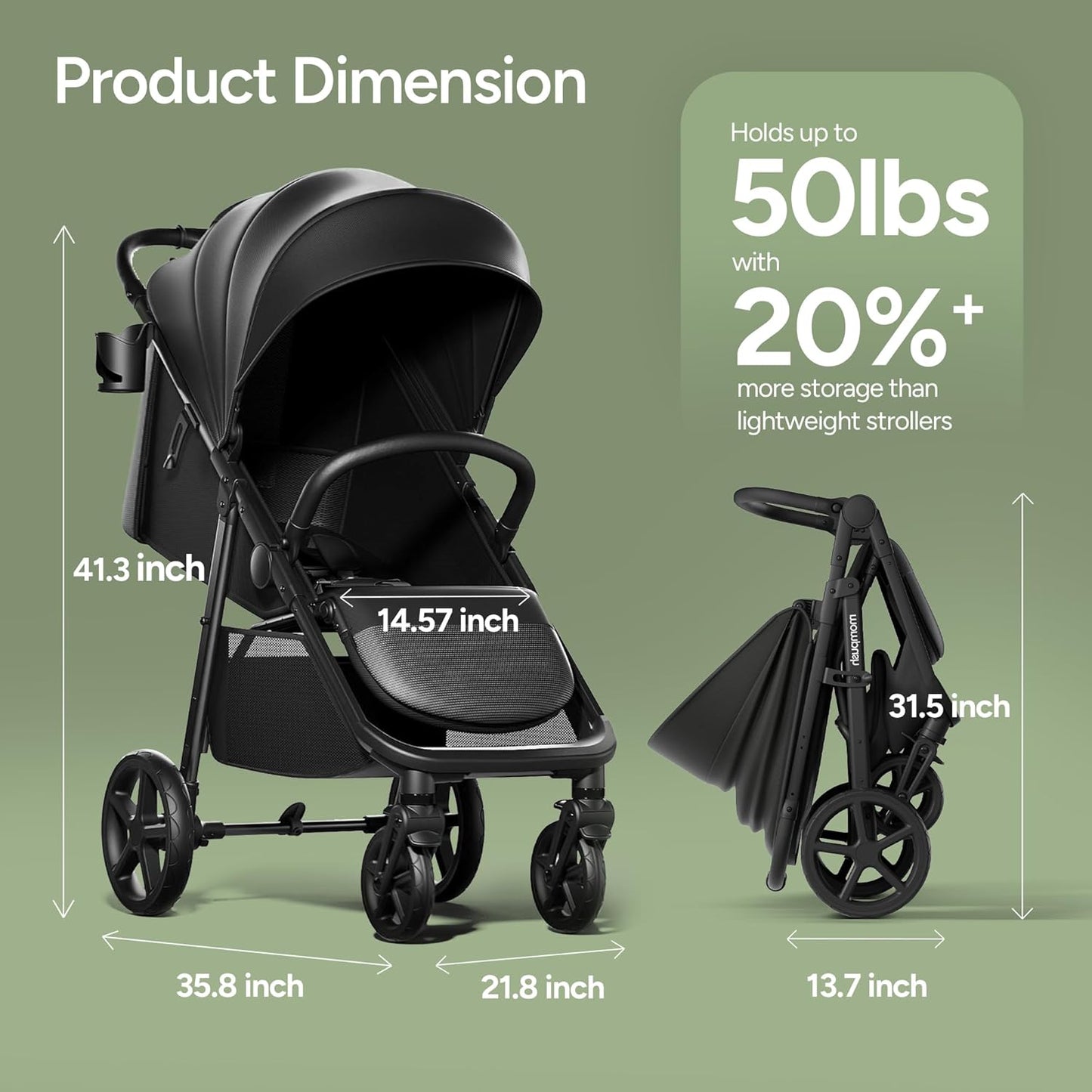 Mompush Nova Baby Stroller for Toddler, Infant & Newborn | Spacious Seat & Lie-Flat Mode | Compact One-Hand Fold, UPF 50+ Canopy & All-Wheel Suspension | Includes Rain Cover & Cup Holder