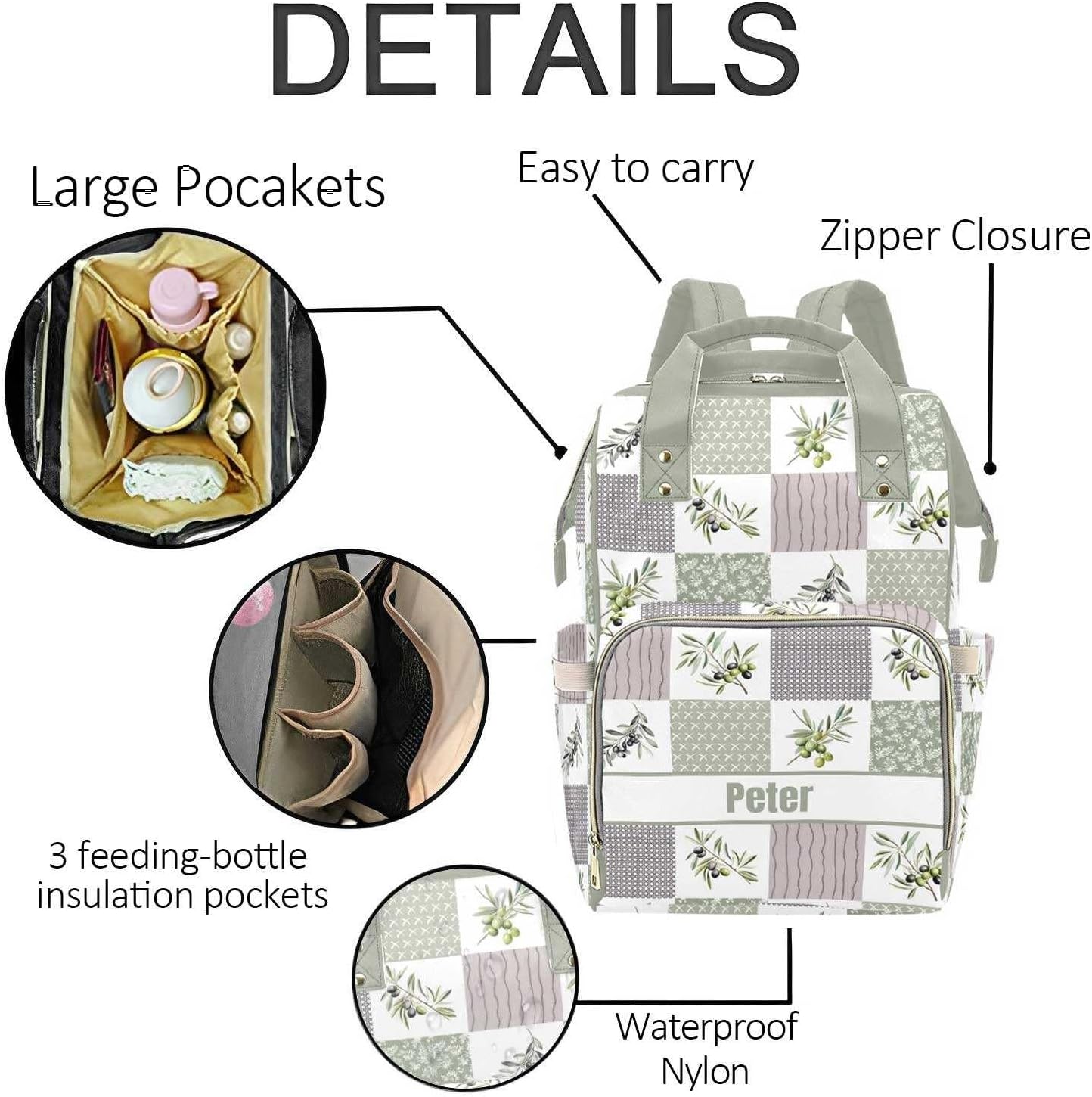 Personalized Olive Diaper Bag with Name – Custom Baby Bag, Nursing Tote Backpack for Mom, Custom Name Mommy Daypack, Shower Gift for Baby