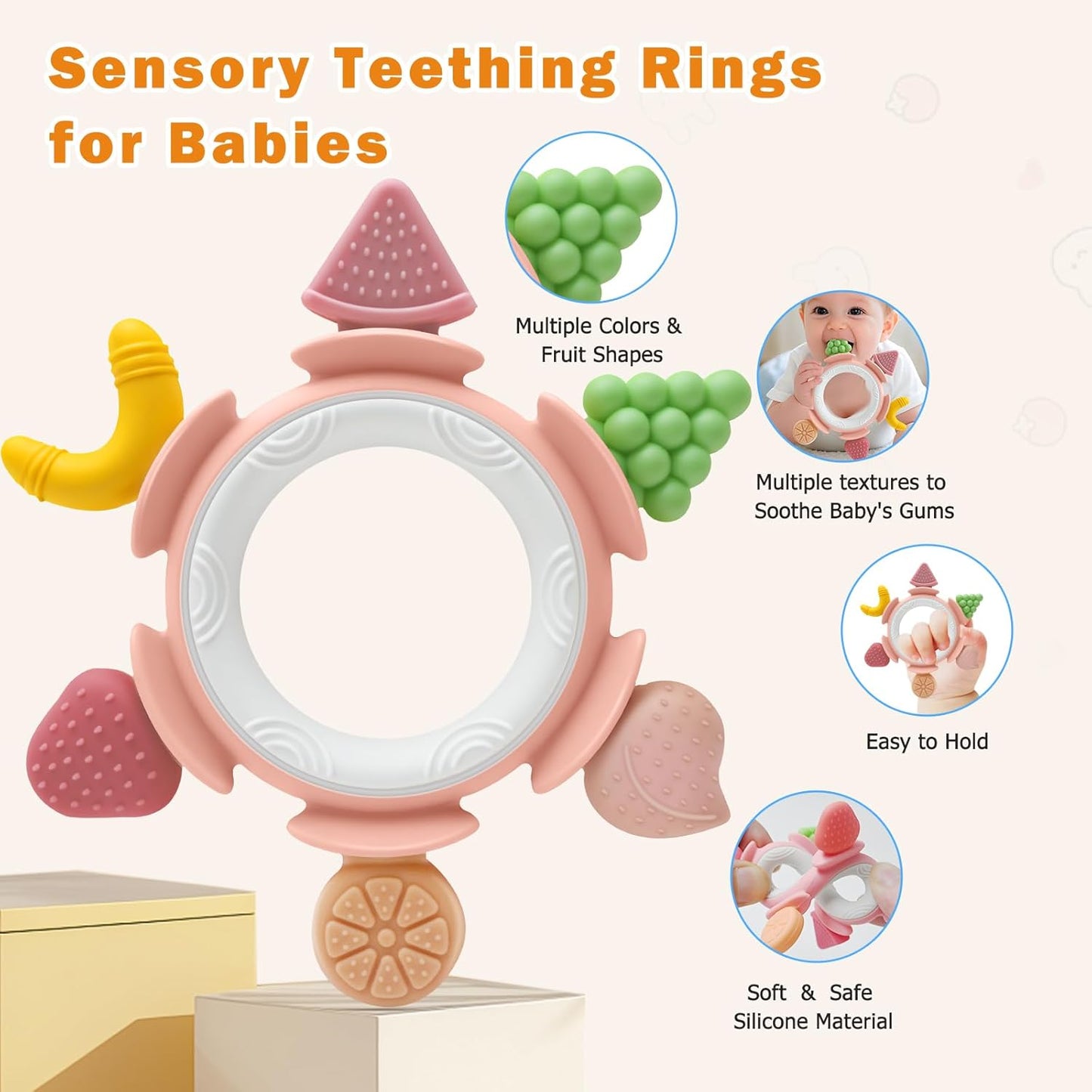 Baby Teething Ring Toy for 3–12 Months, Silicone Infant Teether for Sore Gum Relief, Soothing Sensory Chew Toy, Ideal Newborn Gift for Boys Girls Baby Shower, Birthday or Christmas, Pink