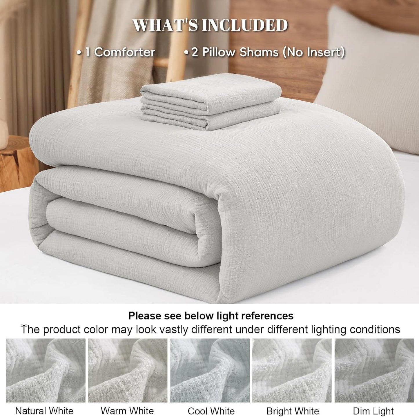 PHF Cotton Muslin Comforter Set King Size – Ultra Soft, Breathable & Lightweight Bedding Set for All Seasons, 3 Pieces - 1 Comfy Comforter 104"x90", 2 Pillow Shams 20"x36", Light Grey