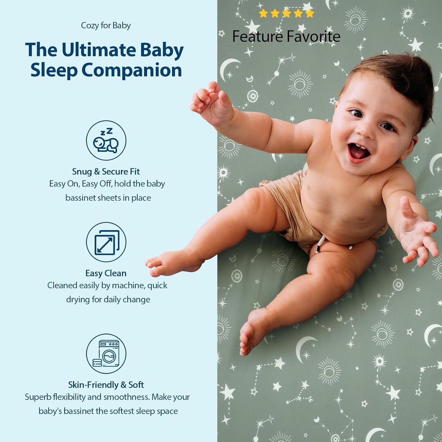 Baby Bassinet Sheets Girl Boy, Fitted Bassinet Sheet Set 3 Pack Bassinet Mattress Sheets Universal Fit for Rectangle, Round, Oval, Hourglass Mattress, Soft Breathable Green Gray Constellation