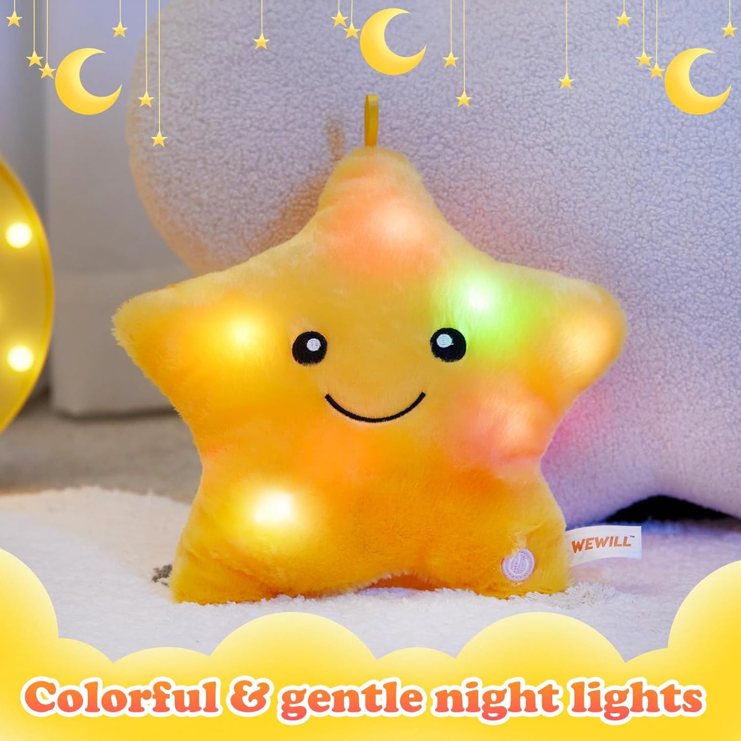 WEWILL 9'' LED Twinkle Star Soft Plush Pillow Toys Glowing Stuffed Star Light up Pillow Plush with Colorful Night Lights Birthday for Toddler Kids(Yellow)