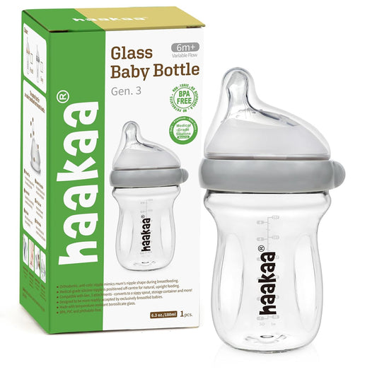 haakaa Gen.3 Natural Glass Baby Bottle 6.3 oz.180ml - Wide Neck, Anti-Colic Varibale Flow Nipple for 6m+ Breastfed Babies, Newborn Registry Essentials,BPA-Free -1 PK