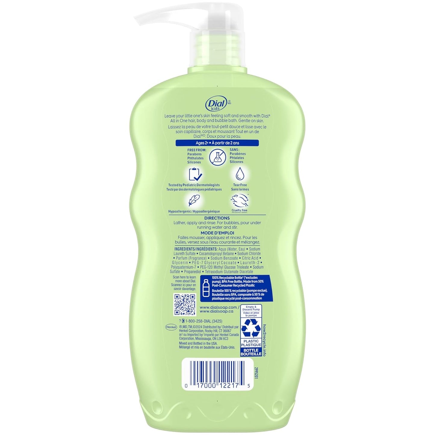 Dial Kids All-in-1 Body Wash + Hair + Bubble Bath, Melon Scent, 24 Fl Oz, Pack of 4, Hypoallergenic Body Wash & Shampoo, No Tears Formula for Kids 2+ Years, No Parabens & Silicones