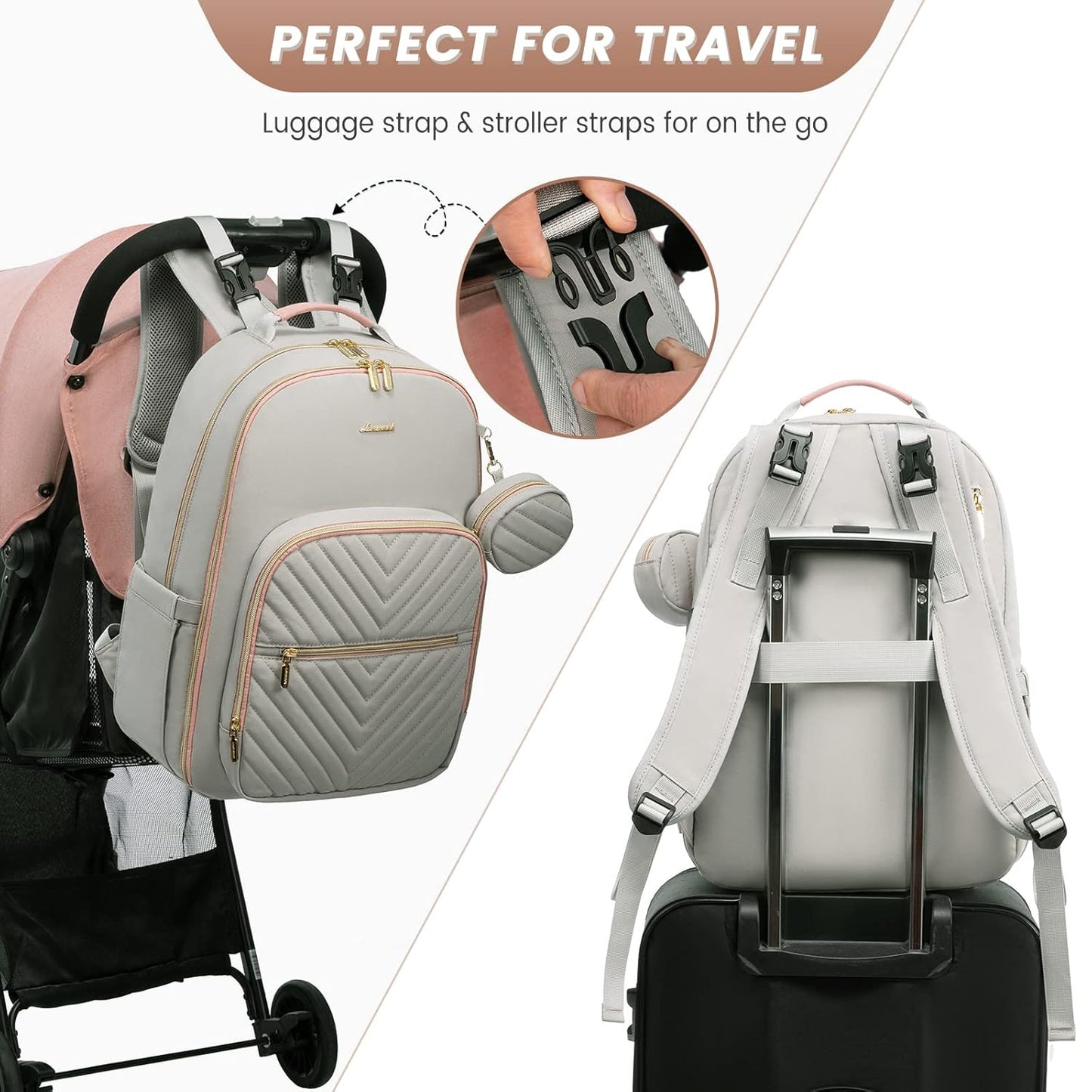 LOVEVOOK Diaper Bag Backpack, Quilted Baby Bag with Changing Pad & Pacifier Holder, Waterproof Travel Diaper Bags for Baby Boys Girls, Stylish and Large Capacity, Light Grey
