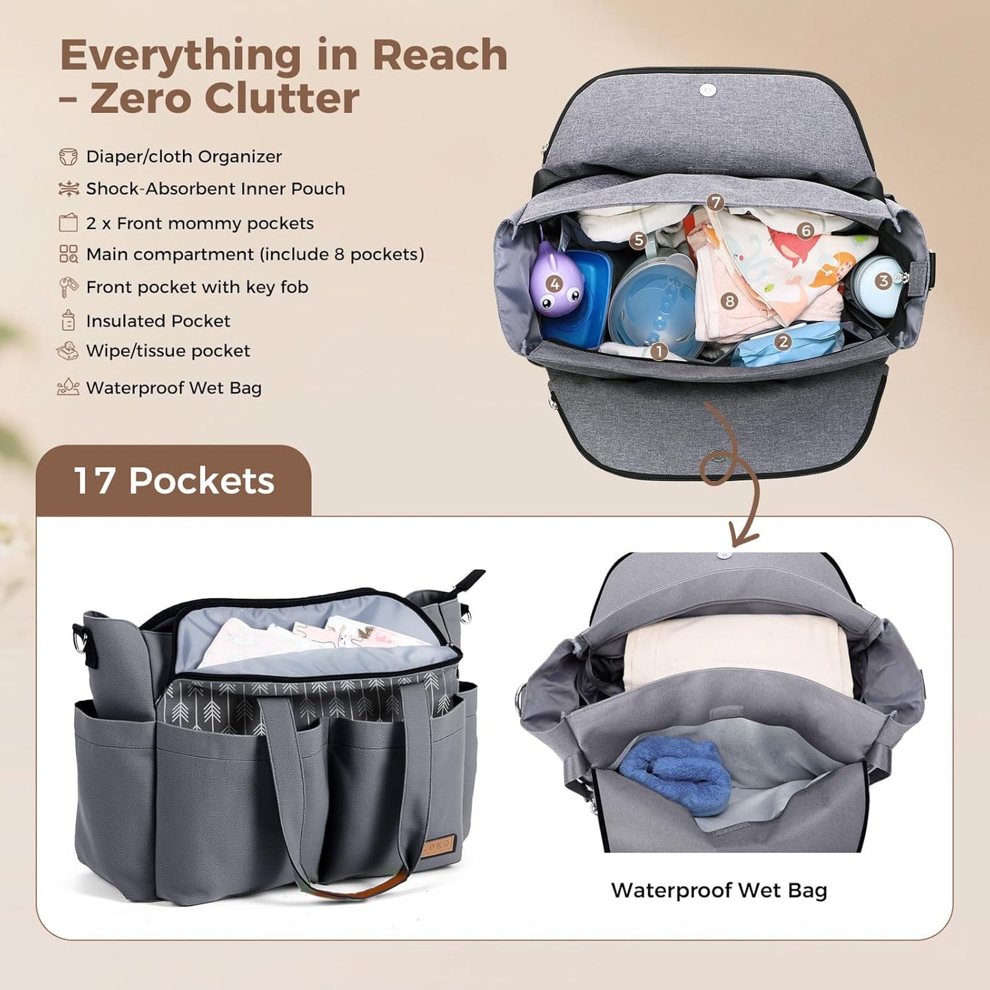 Lekebaby Diaper Bag Tote, Large Diaper Bags Waterproof,Large Mommy Bag Tote Bag Handbag Pink Travel, Black and Beige