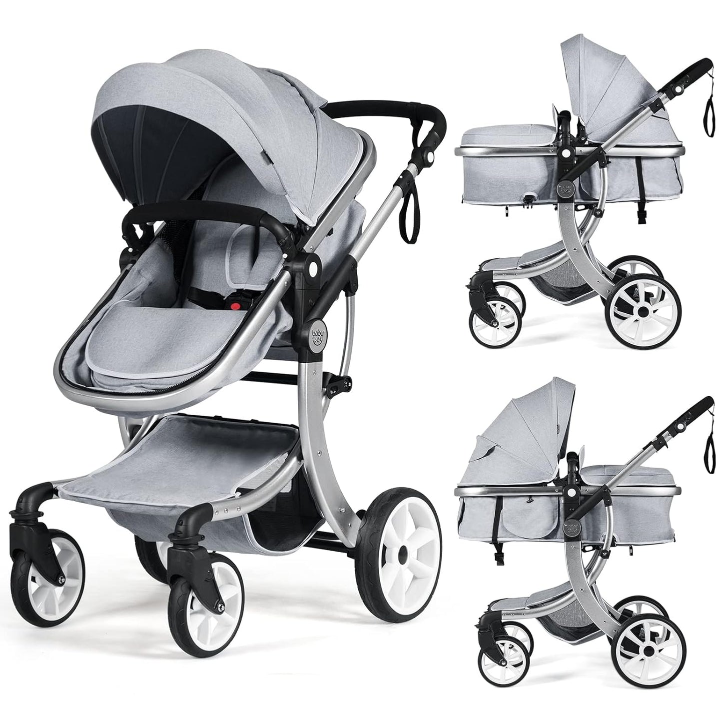 BABY JOY 2-in-1 High Landscape Baby Stroller, Reversible Bassinet Reclining Stroller, Foldable Push Chair w/Adjustable Canopy, Storage Bag, Foot Cover, Rain Cover & Net, Aluminum Alloy Frame (Gray)