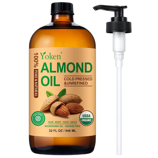 Organic Almond Oil 32 fl oz 100% USDA Pure Cold Pressed Glass Bottle Almond Oils for Skin, Hair, Face, Body Moisturizer, Smooth and Soft Skin, Base Carrier Oil for DIY, Massage