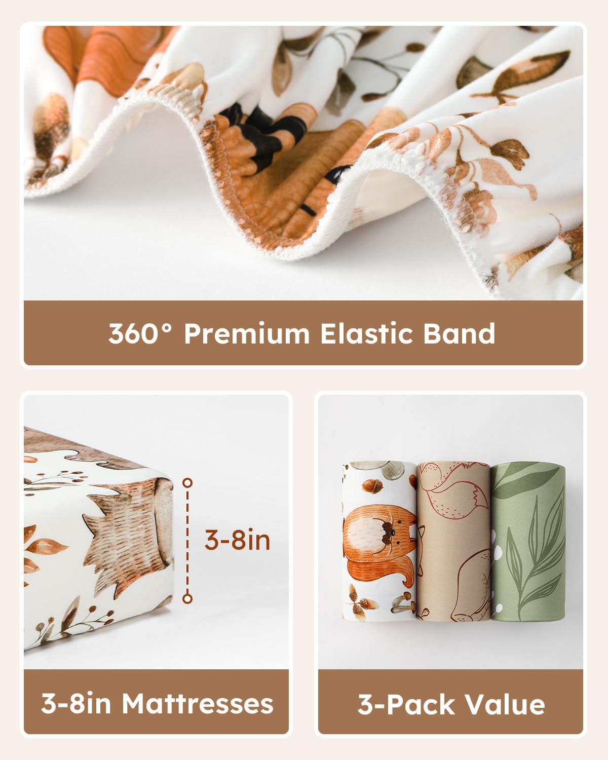 Baby Crib Sheets for Boys Girls, 28x52x8in Fitted Crib Sheet Neutral 3 Pack for Standard Crib and Toddler Mattress, Breathable Soft Microfiber Baby Sheet Green & Brown Fox