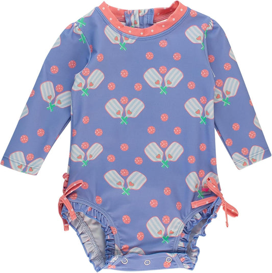 RuffleButts Baby Girls UPF 50+ Sun Protection Novelty Print Long Sleeve One Piece Rash Guard Swimsuit with Zipper