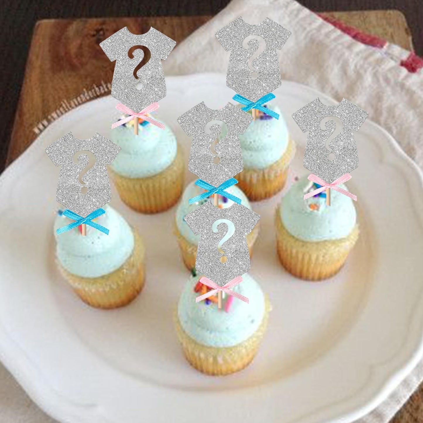 Rsstarxi 24 Pack Gender Reveal Cupcake Toppers Pink or Blue Bow Tie Boy or Gir Cupcake Picks Decorations for Baby Shower Gender Reveal Party Cake Decorations Silver