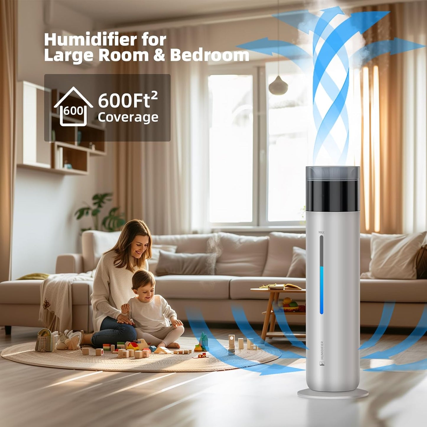 10L/2.6Gal Smart Humidifiers for Bedroom Large Room up to 600ft², 100H Runtime Cool Mist Top Fill, Ultra Quiet 30dB, Auto Control, Essential Oil Tray, Perfect for Bedroom, Office, Baby, White