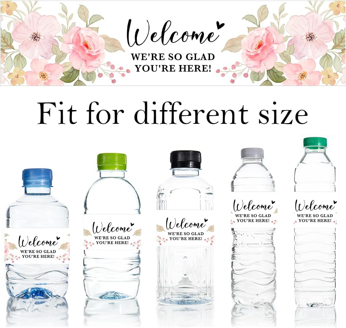 100PCS Wedding Water Bottle Labels Waterproof Greenery Floral Wraps Sticker for Water Bottle Baby Shower Bottle Label for Bridal Shower Party Welcome (Pink)