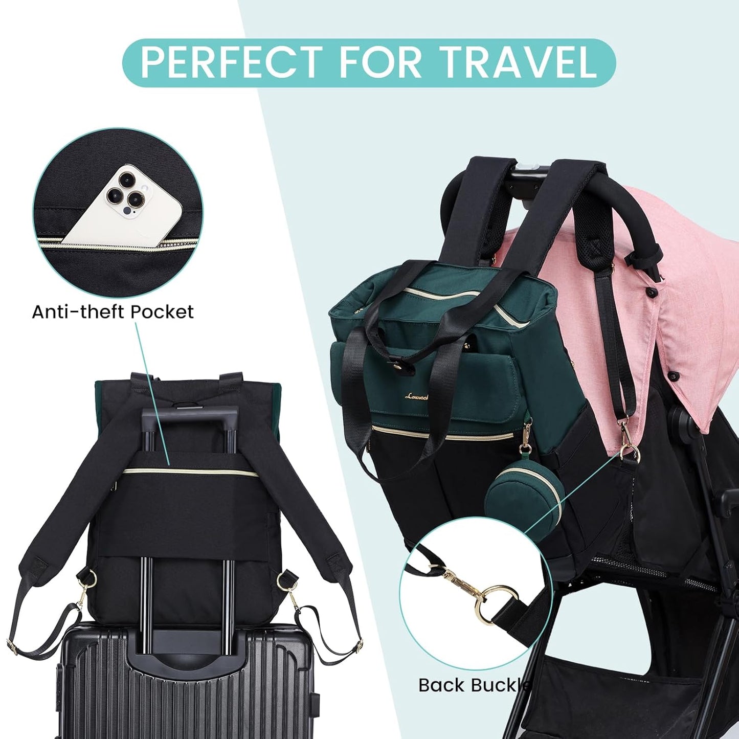 LOVEVOOK Diaper Bag Backpack with Insulated Pockets, Baby Changing Pad, Pacifier Case - Anti-Theft Travel Backpack for Women, Black-Green