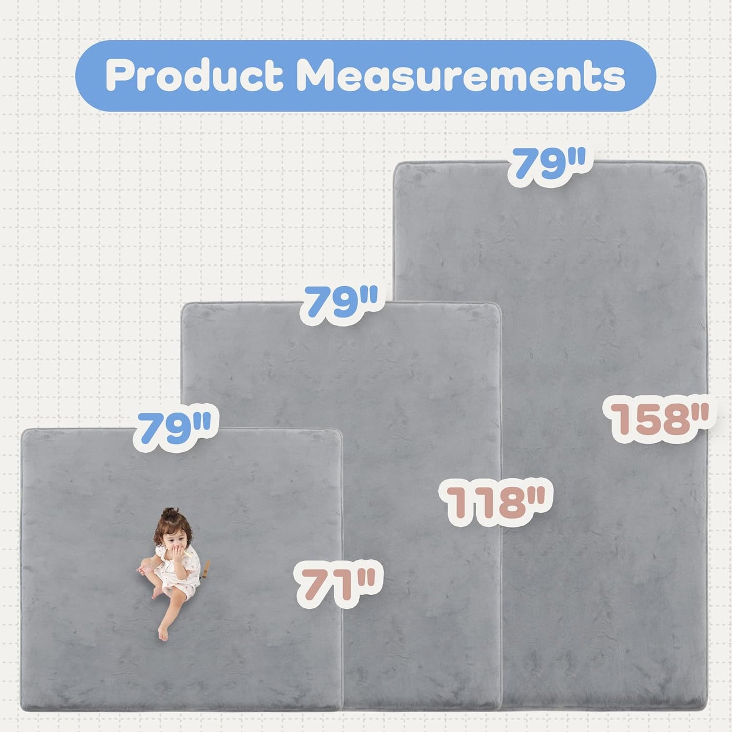 1.3" Thick Baby Floor Play Mat 79x118, Basic Padded Foam Mat for Tummy Time Crawling, Non Slip Cushioned for Babies Toddlers Infants Kids (Light Grey)