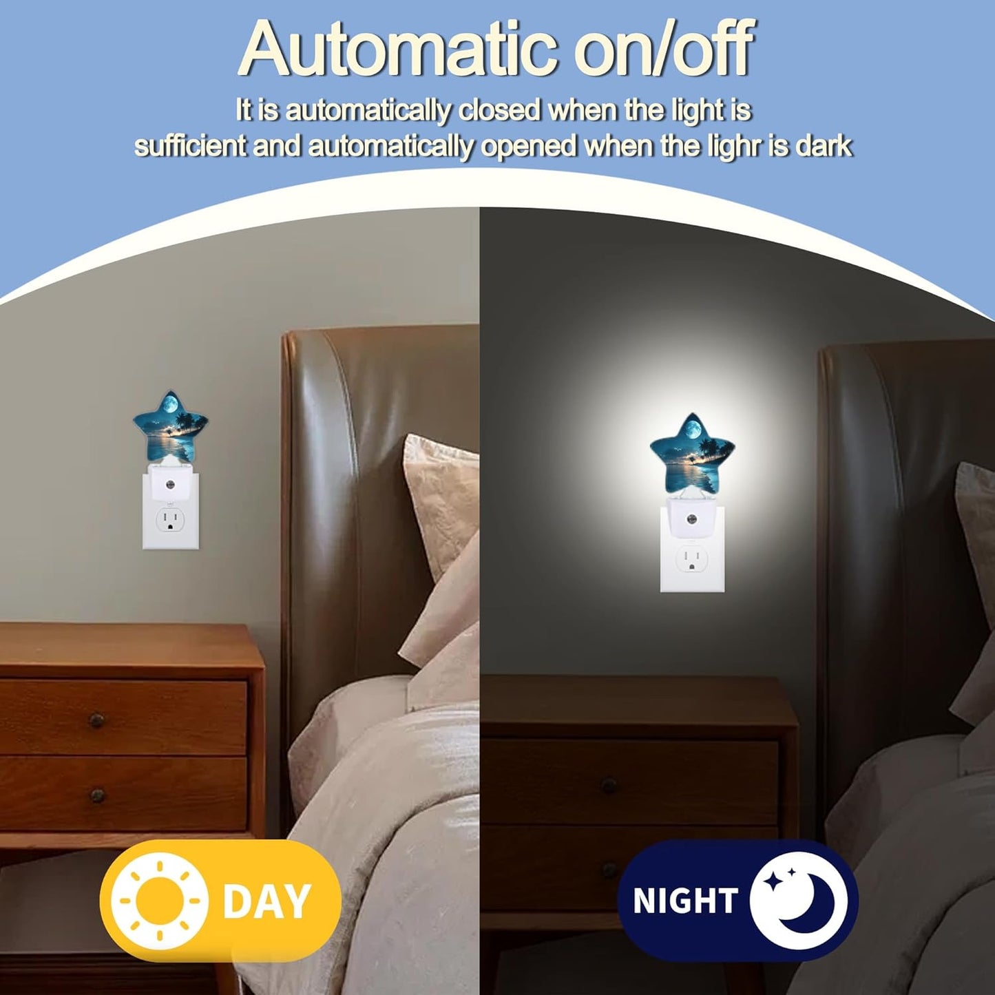 Moon Beach Night Light,Tropical Palm Tree Plug-in Star Night Lights with Dusk-to-Dawn Sensor for Bedroom,Bathroom,Living Room Sleep Friendly Lamp for Women Girls Boys Gift,0.5W