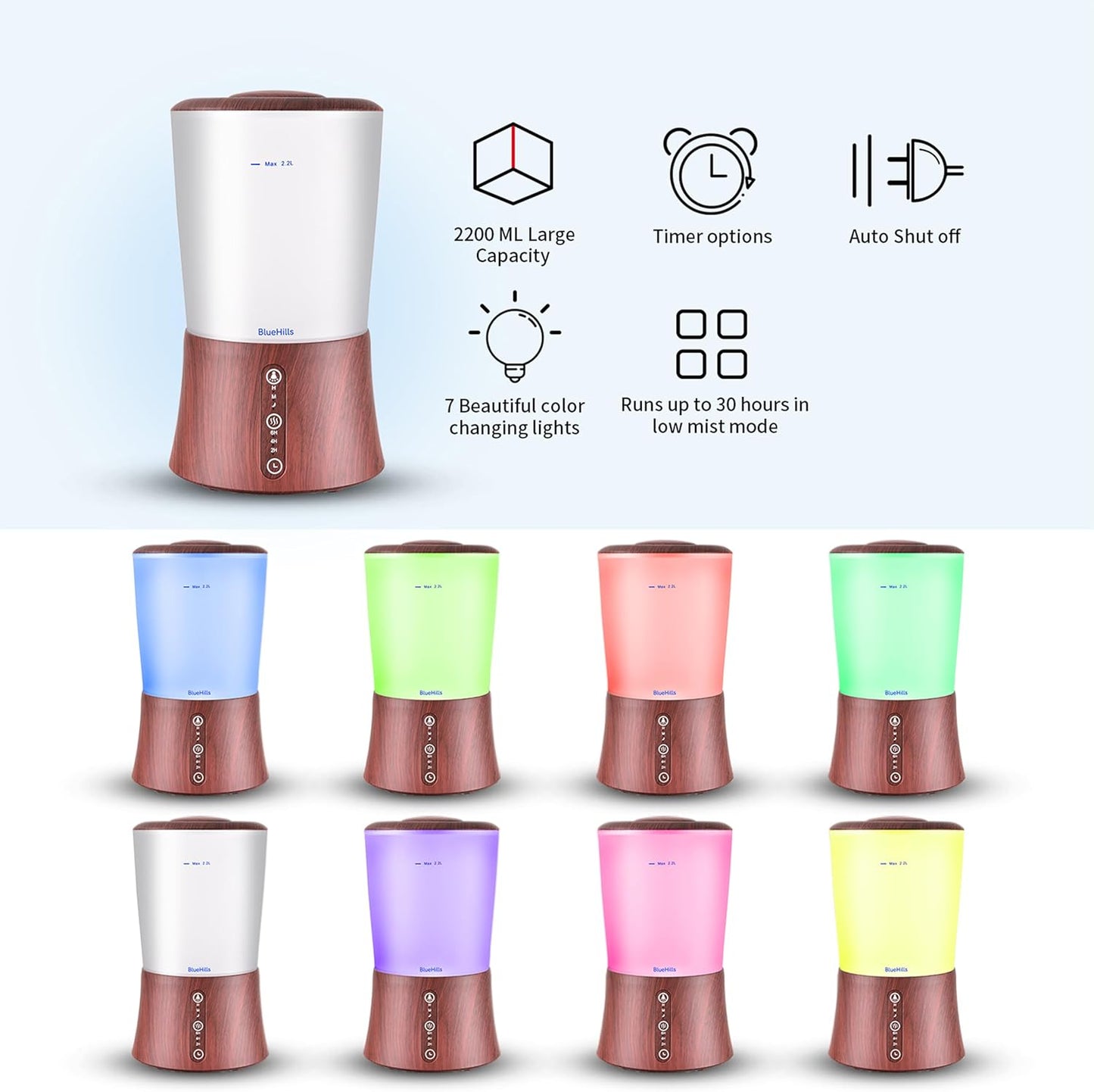 BlueHills Large 2000 ML XL Essential Oil Diffuser Aroma Humidifier 2 Liter Capacity for Big Living Room Home Baby Long Run XL Huge Coverage Area High Mist Timer Large Diffuser Dark Wood Grain 2L S3