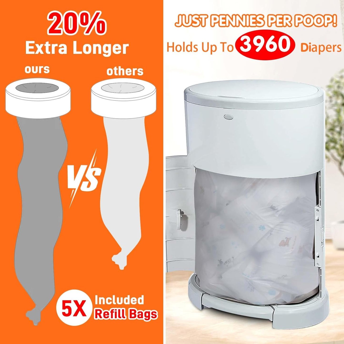 10 Pack Refills Compatible with DEKOR MINI Diaper Pails | 20% Extra Length Diaper Pail Refill Bags Liners Holds 3960 Diapers | Ultimate Odor Control with Baby Scented