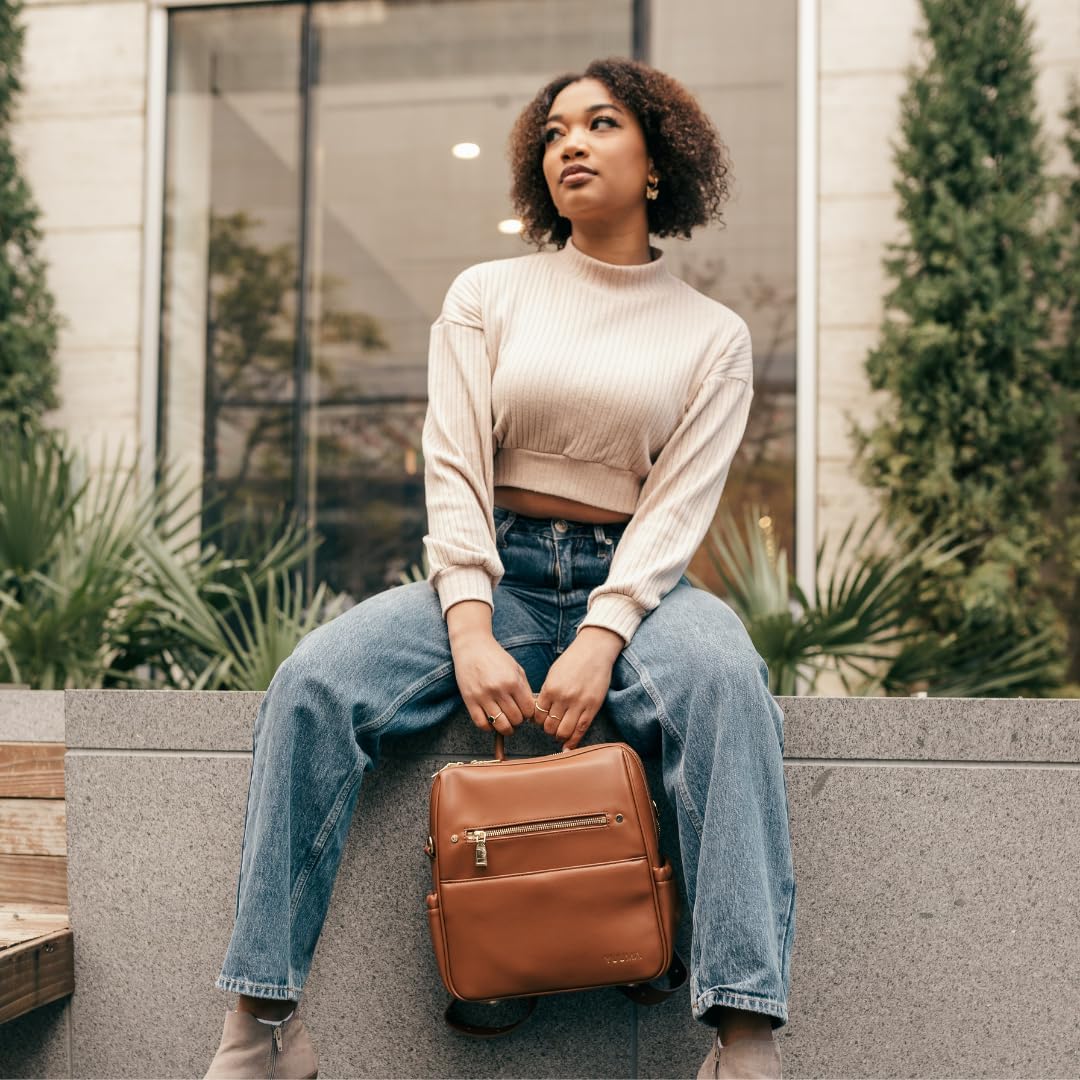 YUUMA Mini Diaper Bag Backpack-Minimalist bag With Premium Vegan Leather Material With 7 Interior and 5 External Pockets (Cinnamon)