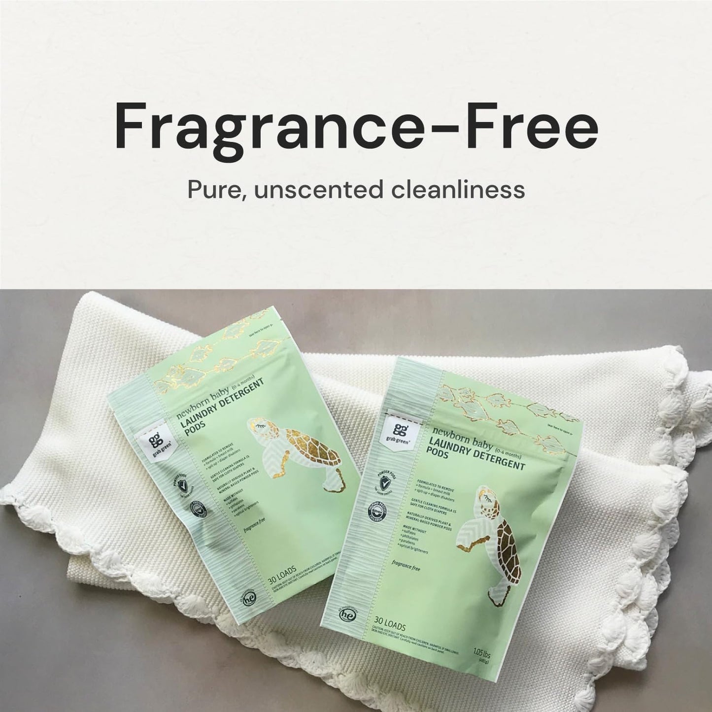 Grab Green Newborn Baby Laundry Detergent Pods, 60 Loads, Fragrance Free, Mineral Based, Non-Toxic, Stain Remover