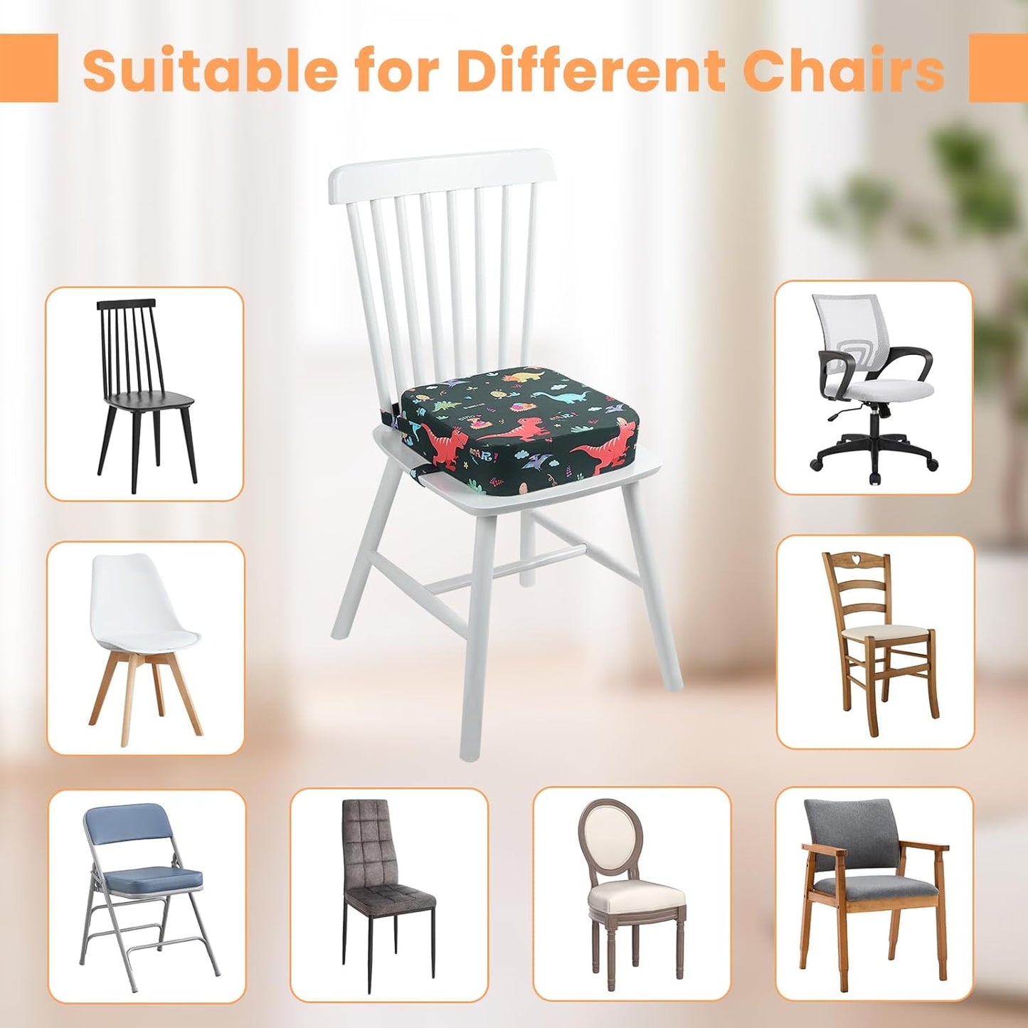 Toddler Booster Seat for Dining Table, Kids Booster Seat for Kitchen Chair with Non-Slip Bottom, Portable Detachable Washable Increasing Cushion with 2 Adjustable Straps (Dinosaur)