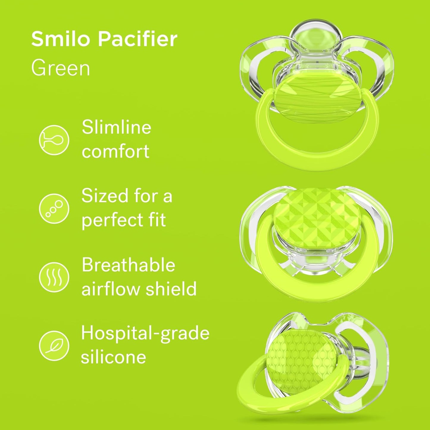 Smilo Baby Pacifier with Orthodontic Design for Healthy Dental Development - Stage 2 for Babies 3-9 Months - Pack of 3X 100% Silicone Pacifiers BPA Free - Green