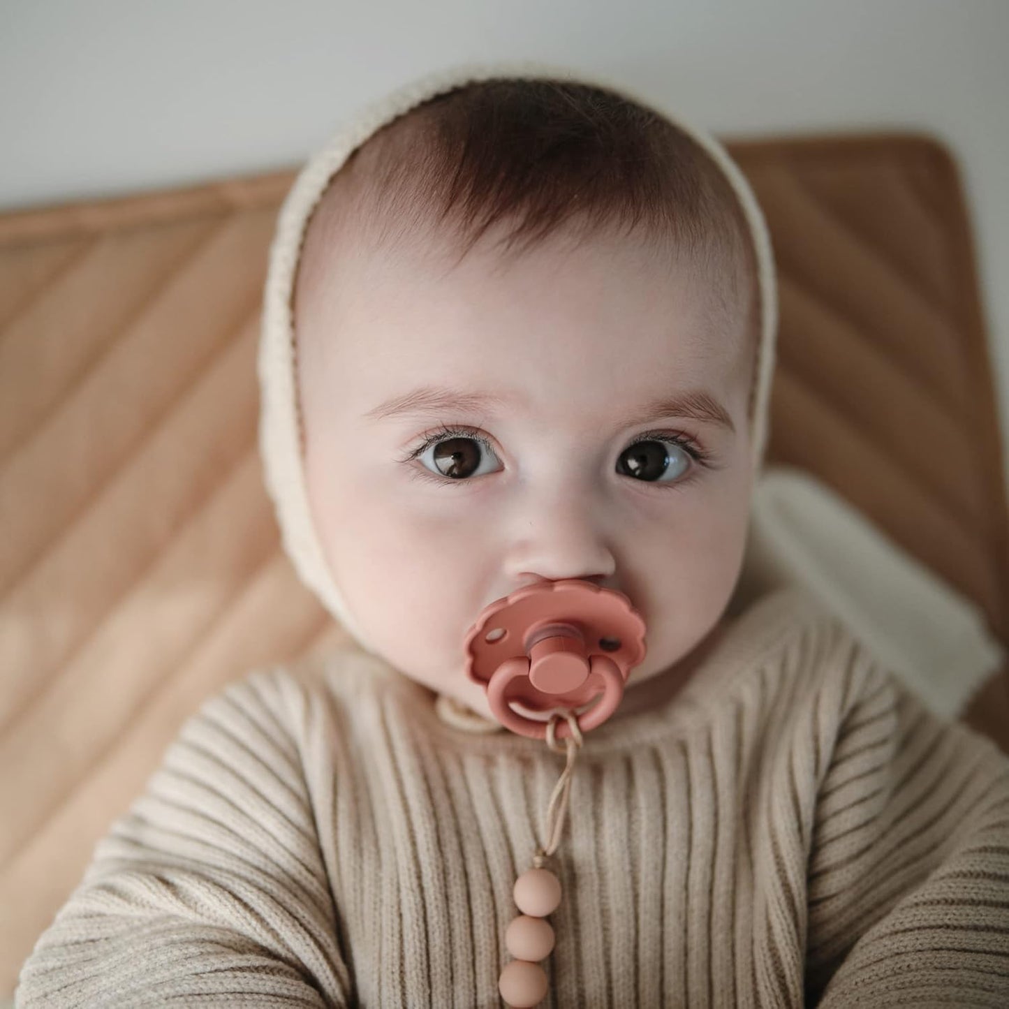 FRIGG Daisy SilkySoft Silicone Baby Pacifier | Made in Denmark | BPA-Free (Powder Blush/Cream, 6-18 Months)