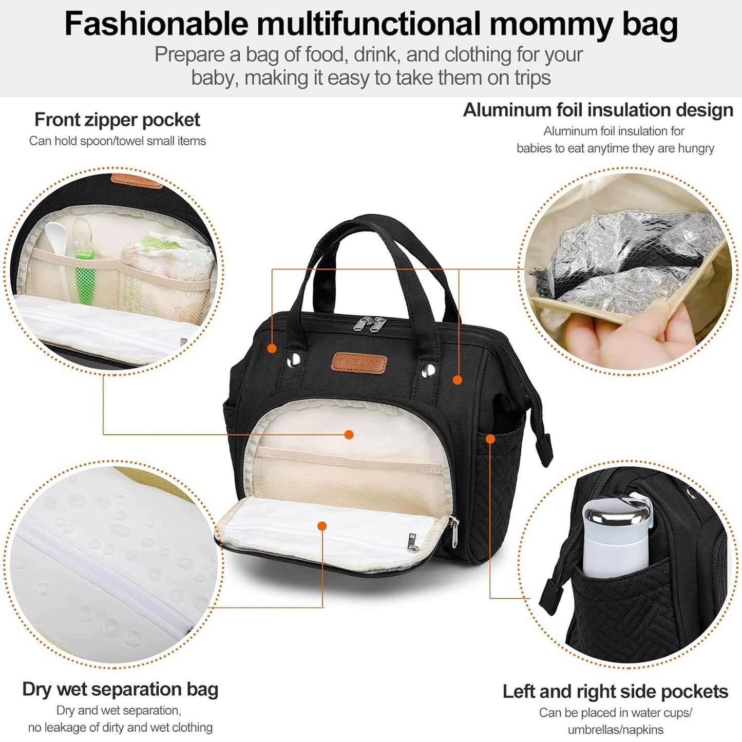 Small Diaper Bag, Stroller Organizer with Insulated Cup Holder & Detachable Shoulder Strap, Convertible Diaper Bag Tote for Short Trip (Black)