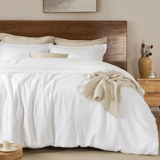 PHF Cotton Muslin Comforter Set King Size – Ultra Soft, Breathable & Lightweight Bedding Set for All Seasons, 3 Pieces - 1 Comfy Comforter 104"x90", 2 Pillow Shams 20"x36", White