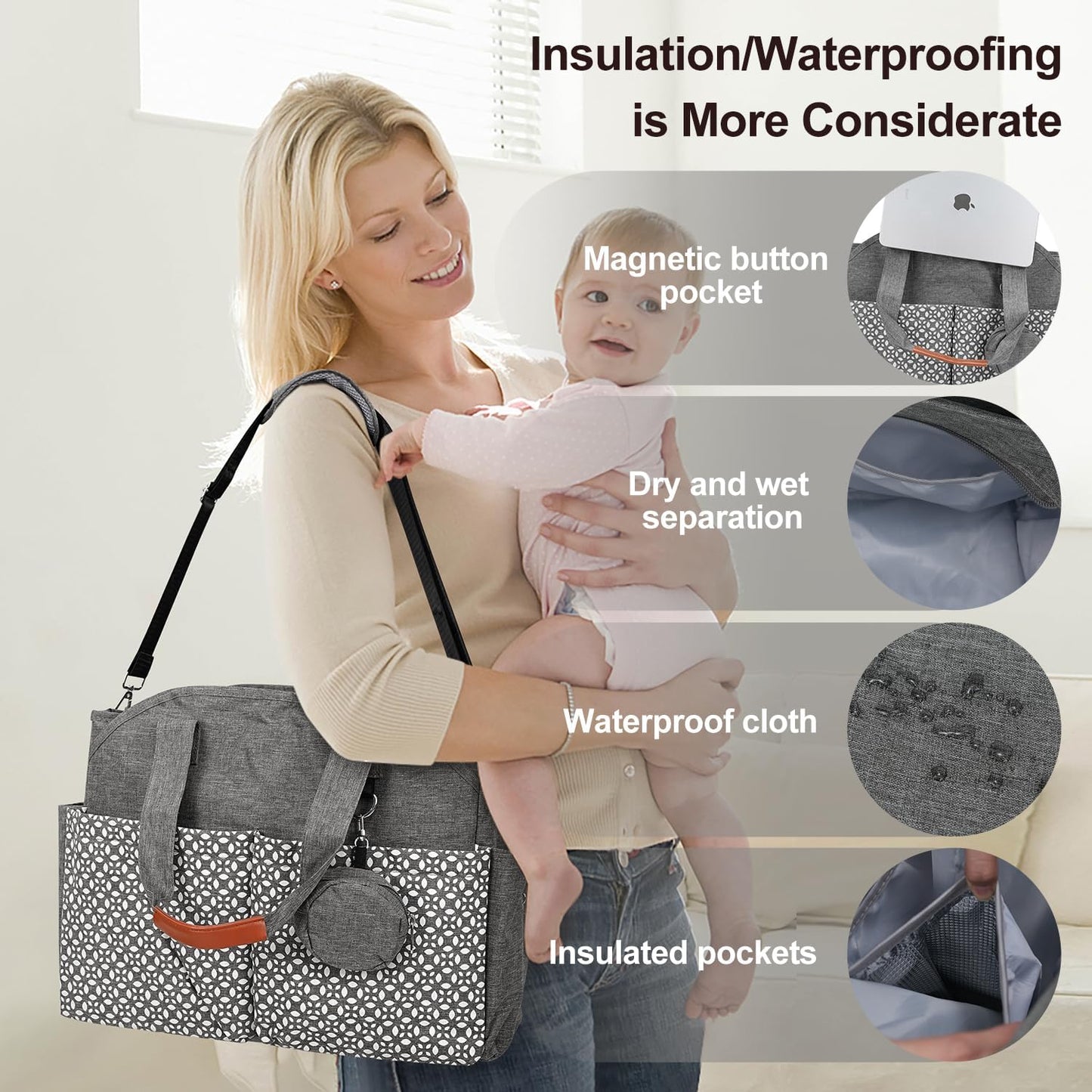 Diaper Bag Tote, Large Capacity Travel Diaper Baby Bags Crossbody Hospital Mom Bag，with Silicone Pacifier Case